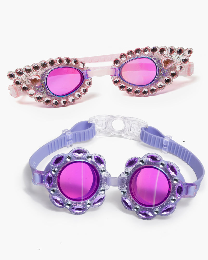 Image of pink goggles and purple goggles as part of gift set.